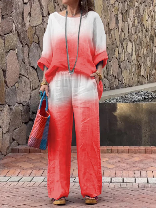 Women's Cotton-Linen Gradient Two-Piece Set with Nine-Tenths Sleeves