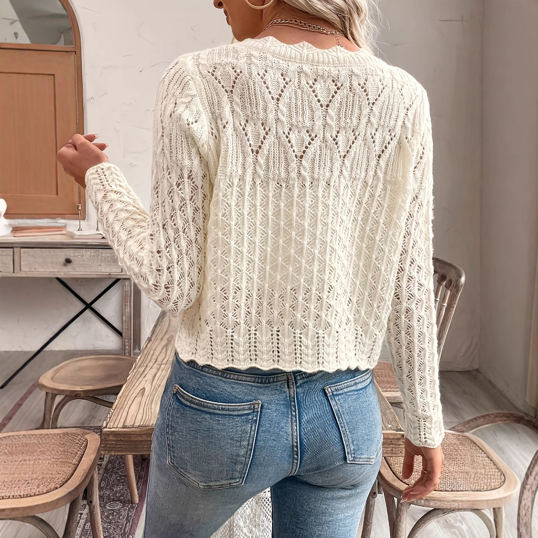 Women's Open-Knit Button-Front Cardigan with Round Neck