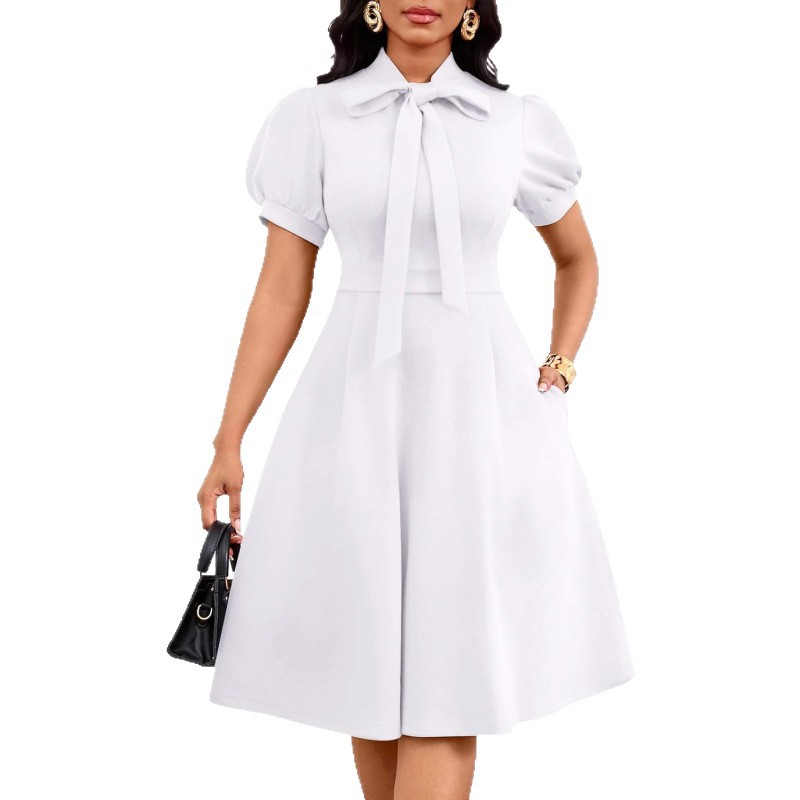 Women's Puff Sleeve Midi Dress A-Line Tie-Neck