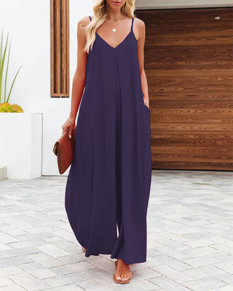 Women's Sleeveless Wide-Leg Jumpsuit with Pockets Solid Color