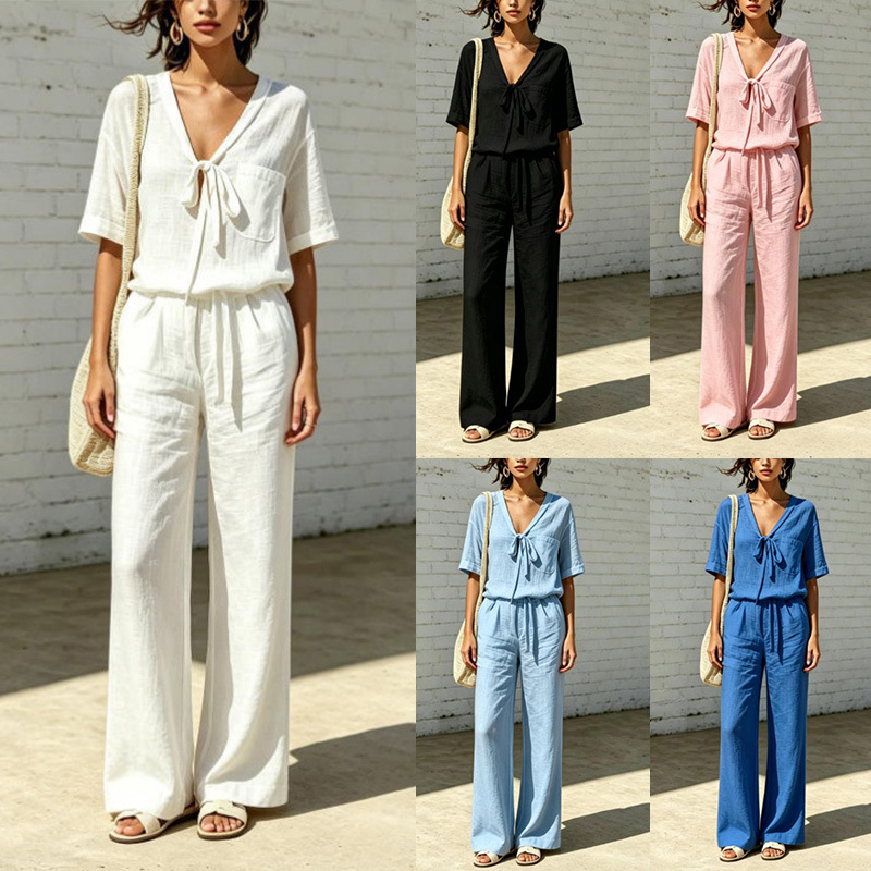 Women's Summer V-Neck Half-Sleeve Tie-Waist Casual Pants Set