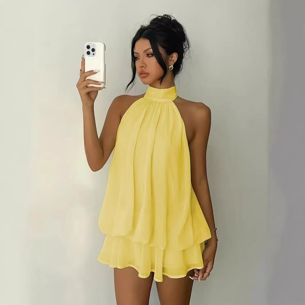 Solid Halter Neck Open Back Fitted Top Puff Skirt Mini Dress