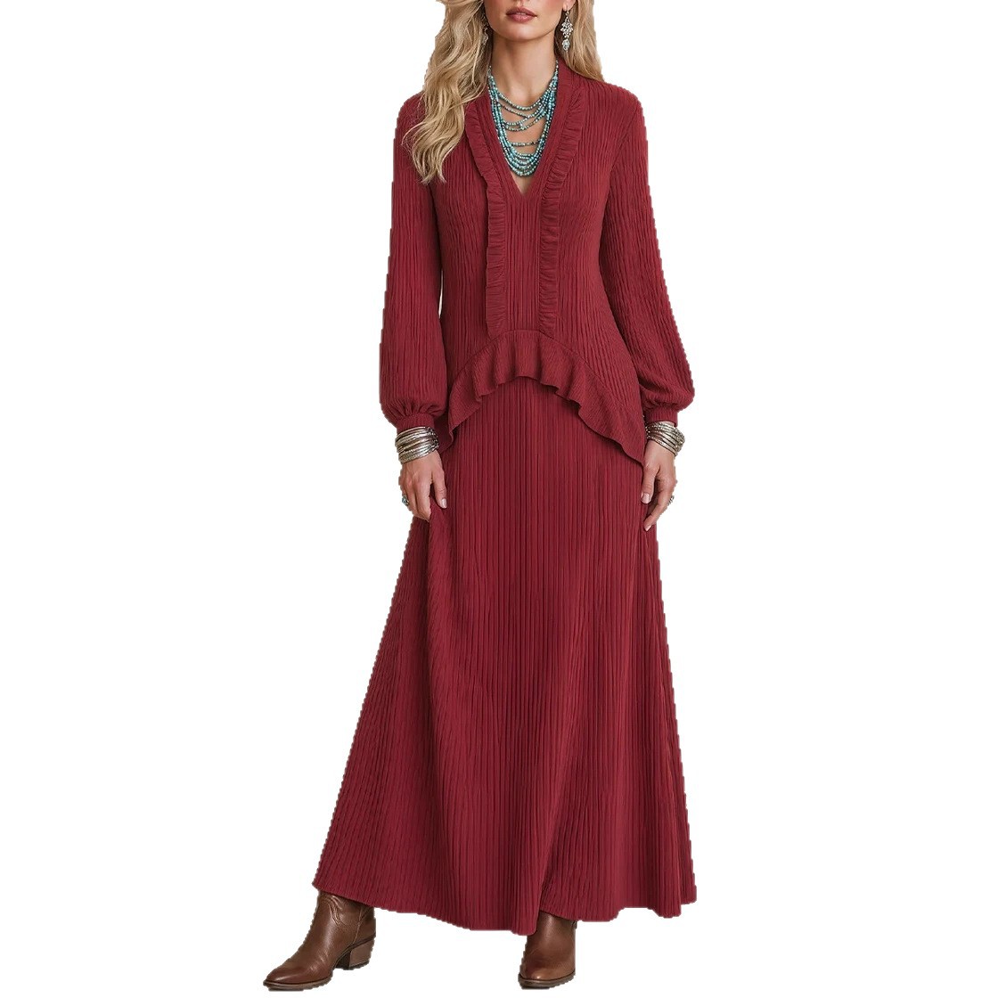 V-Neck Pleated Ruffle Lantern Sleeve Loose Long Dress