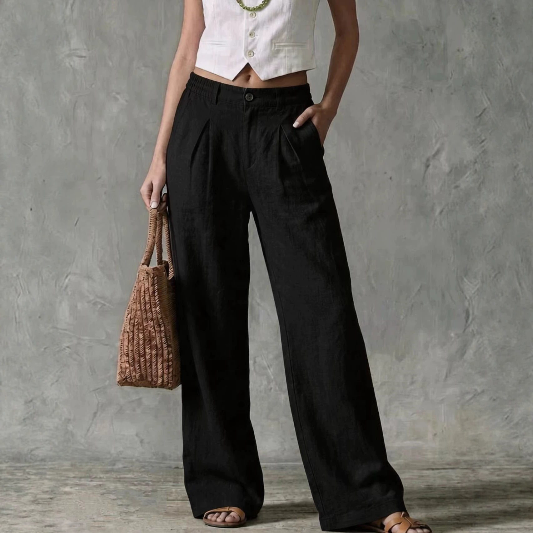 Women's Linen-Blend Wide-Leg Pants High-Waist Solid Casual