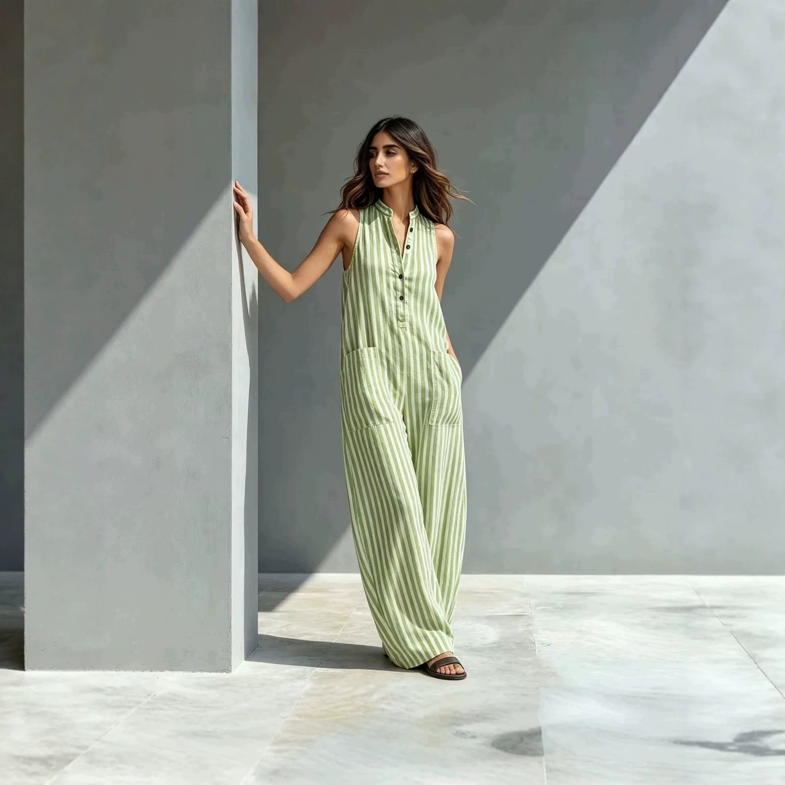 Summer Striped Print Sleeveless Wide-Leg Jumpsuit