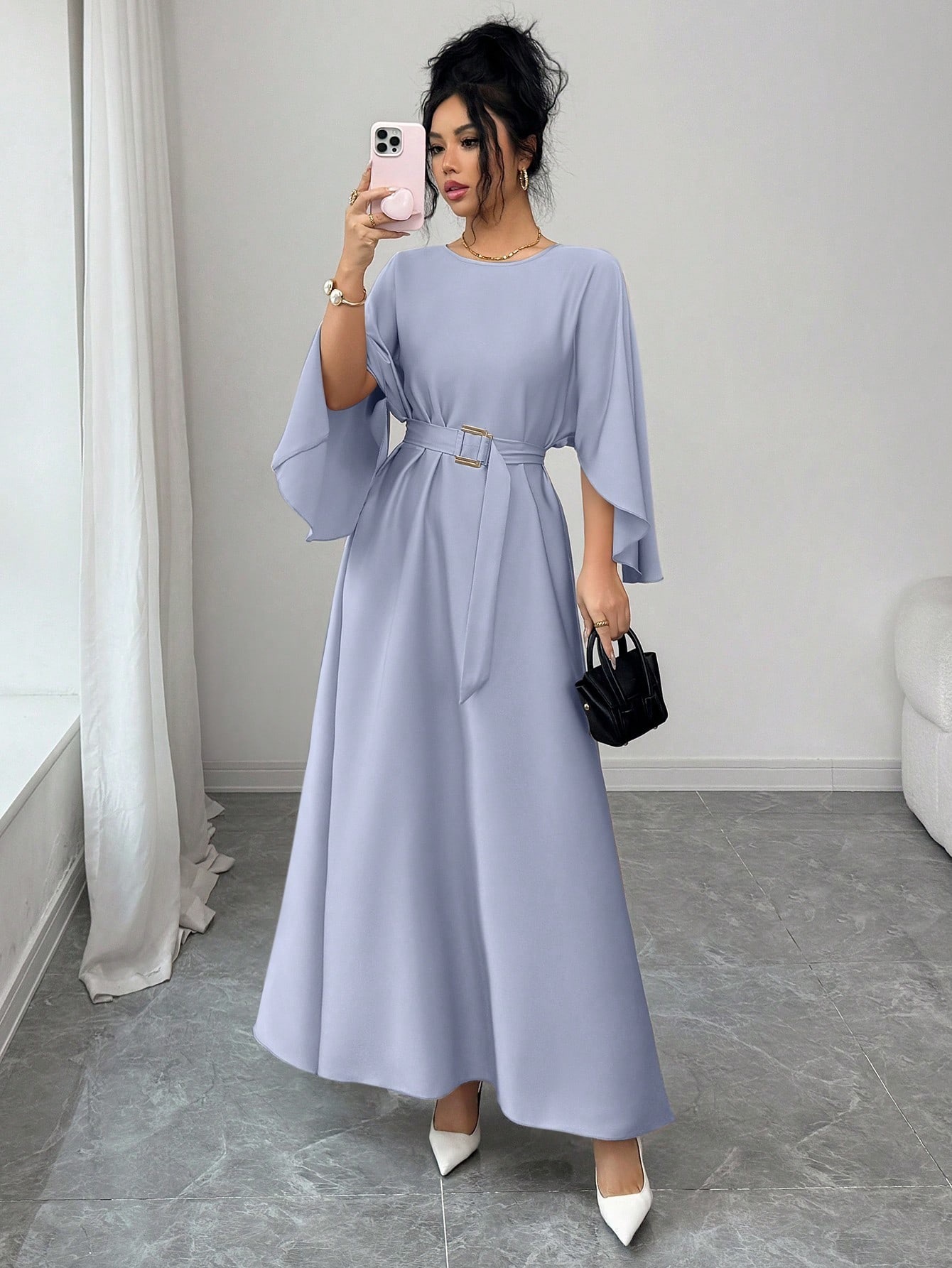 Women's Round Neck Tie-Waist Long Dress with Batwing Sleeves Solid Color