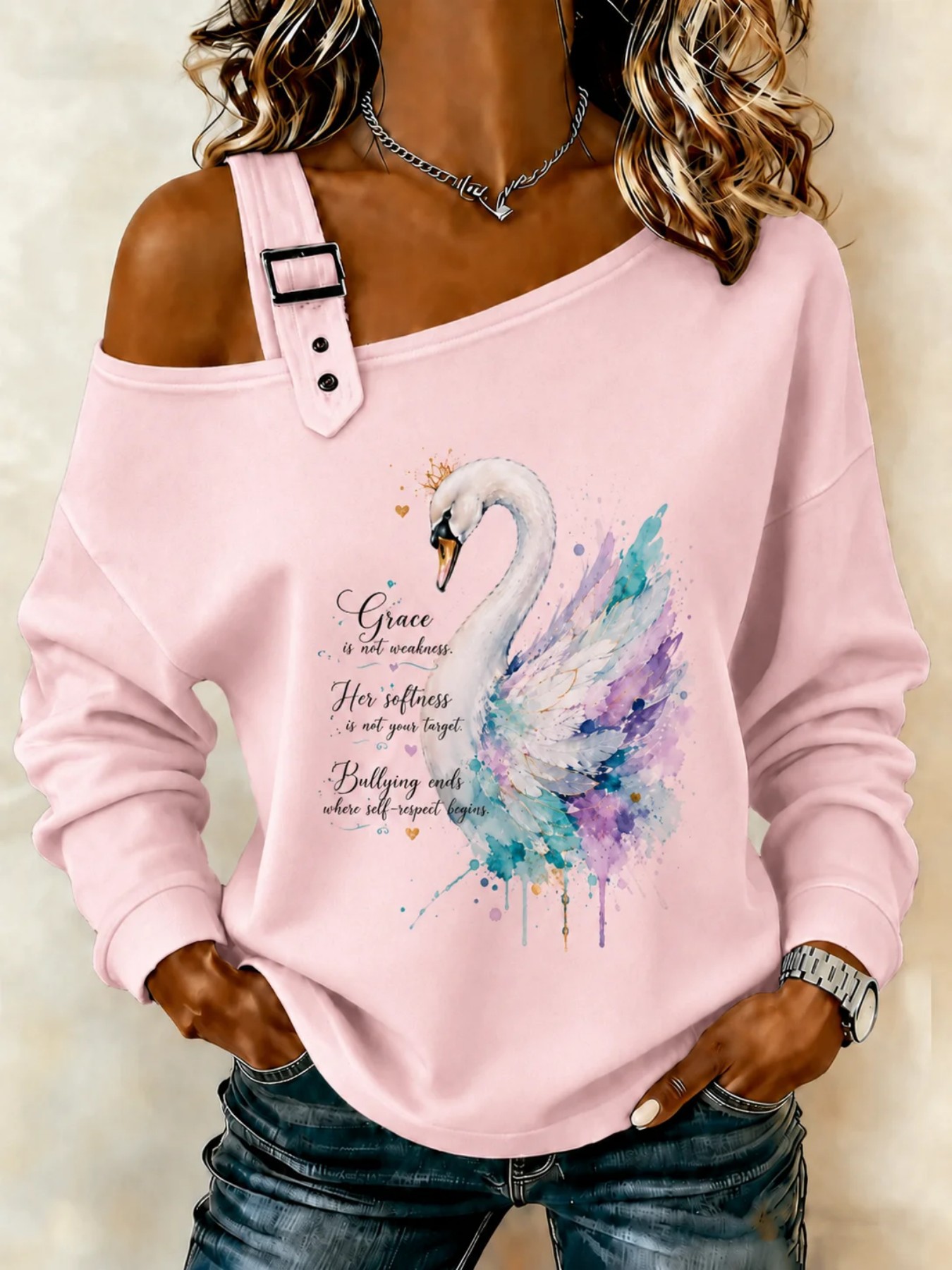 Swan Hummingbird Floral Print Crewneck Long Sleeve Pullover Sweatshirt