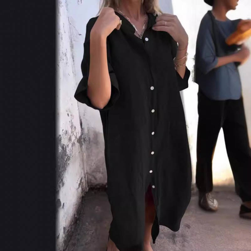 Women's Loose Linen-Look Midi Shirt Dress with Pockets