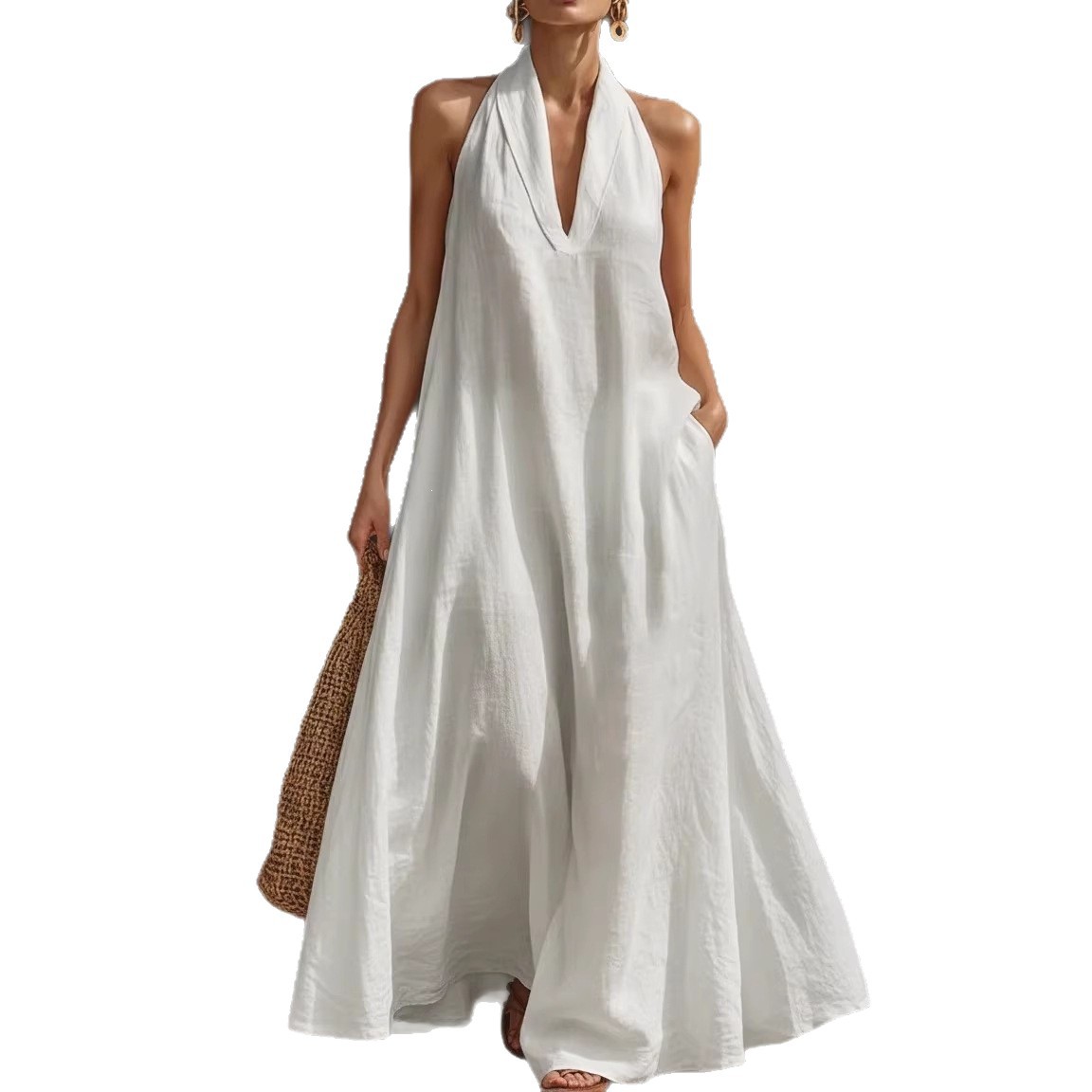 Women's Casual Solid V-Neck Long Dress Sleeveless Cotton Linen