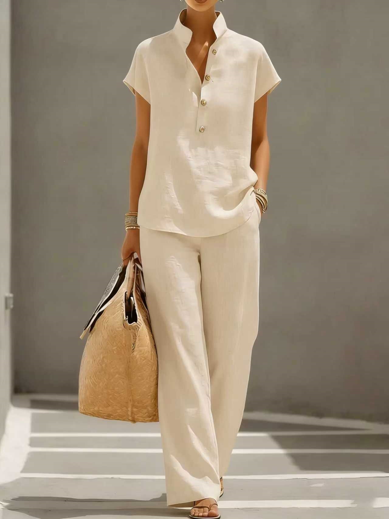 Women's Casual Open-Front Short-Sleeve Top and Pants Solid Color Set