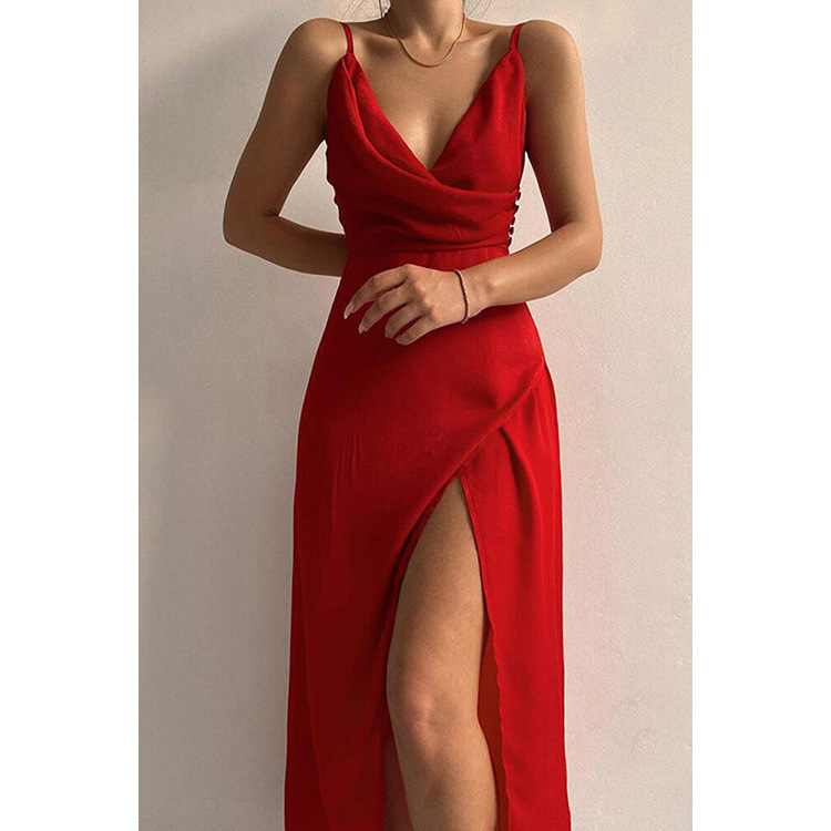Sexy V-Neck Cami Dress with Slit Slim Fit