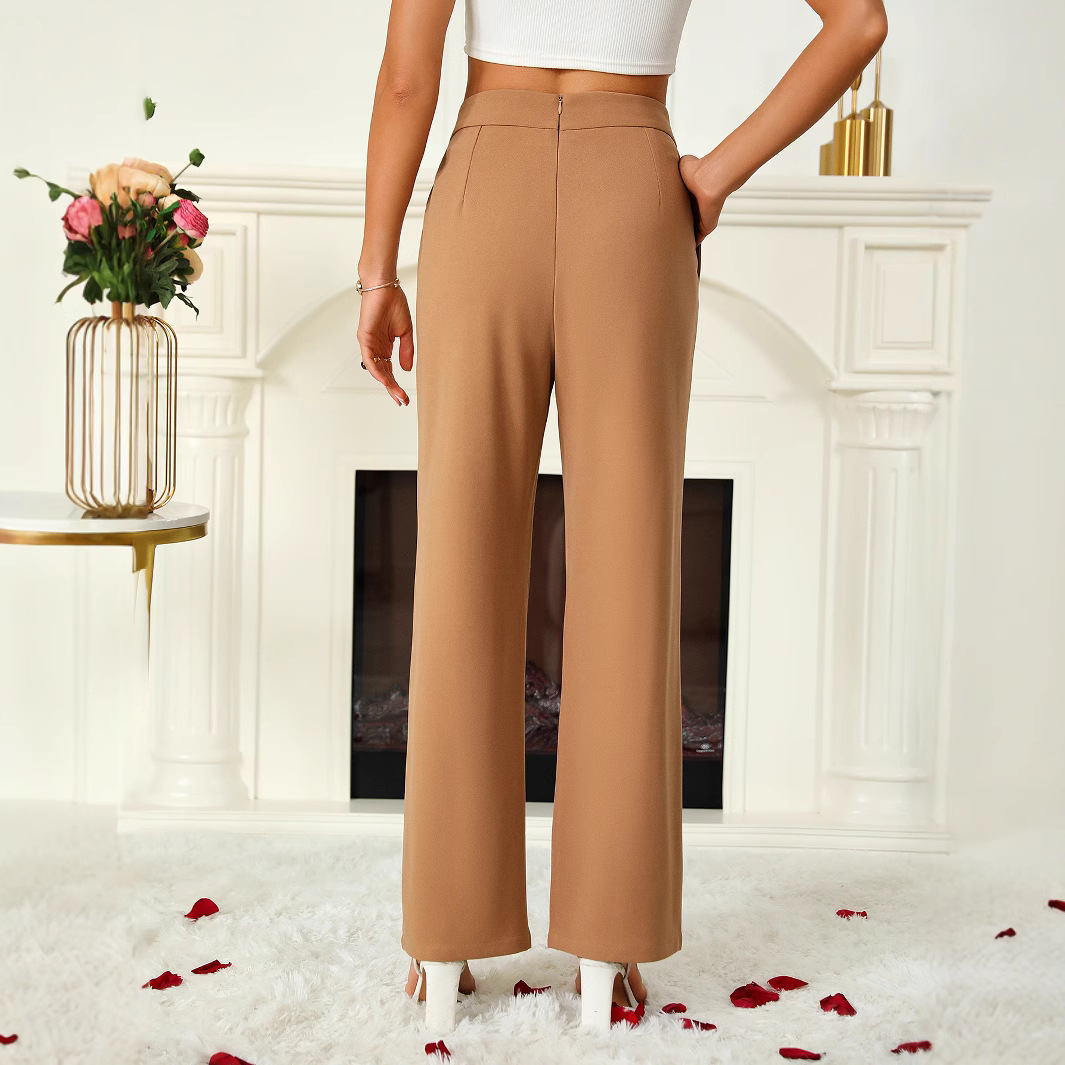High-Waist Cross Button Flared Straight-Leg Women's Trousers