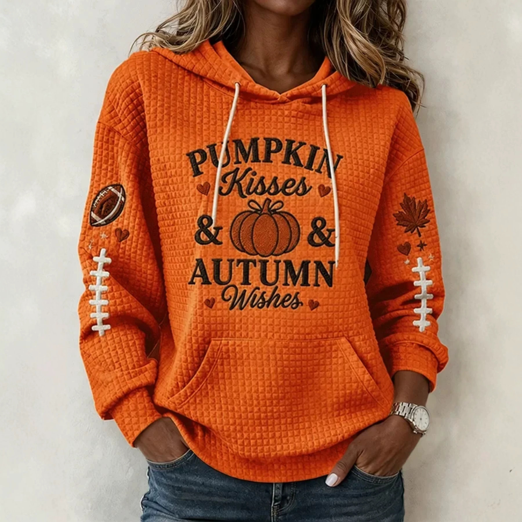 Pumpkin Football Waffle Knit Loose Fit Hoodie Women's Top