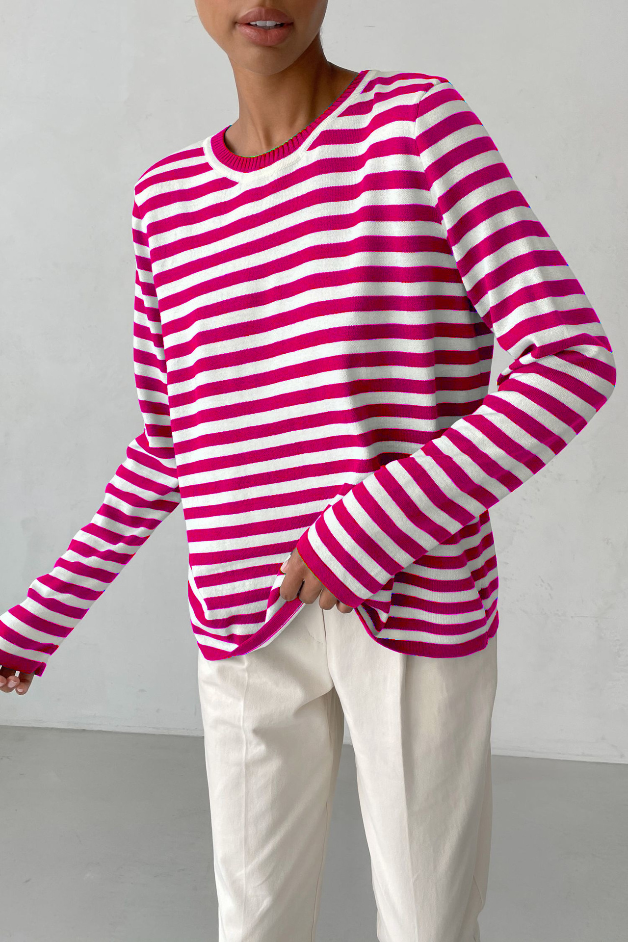 Women's Striped Crewneck Knit Sweater Retro Pullover