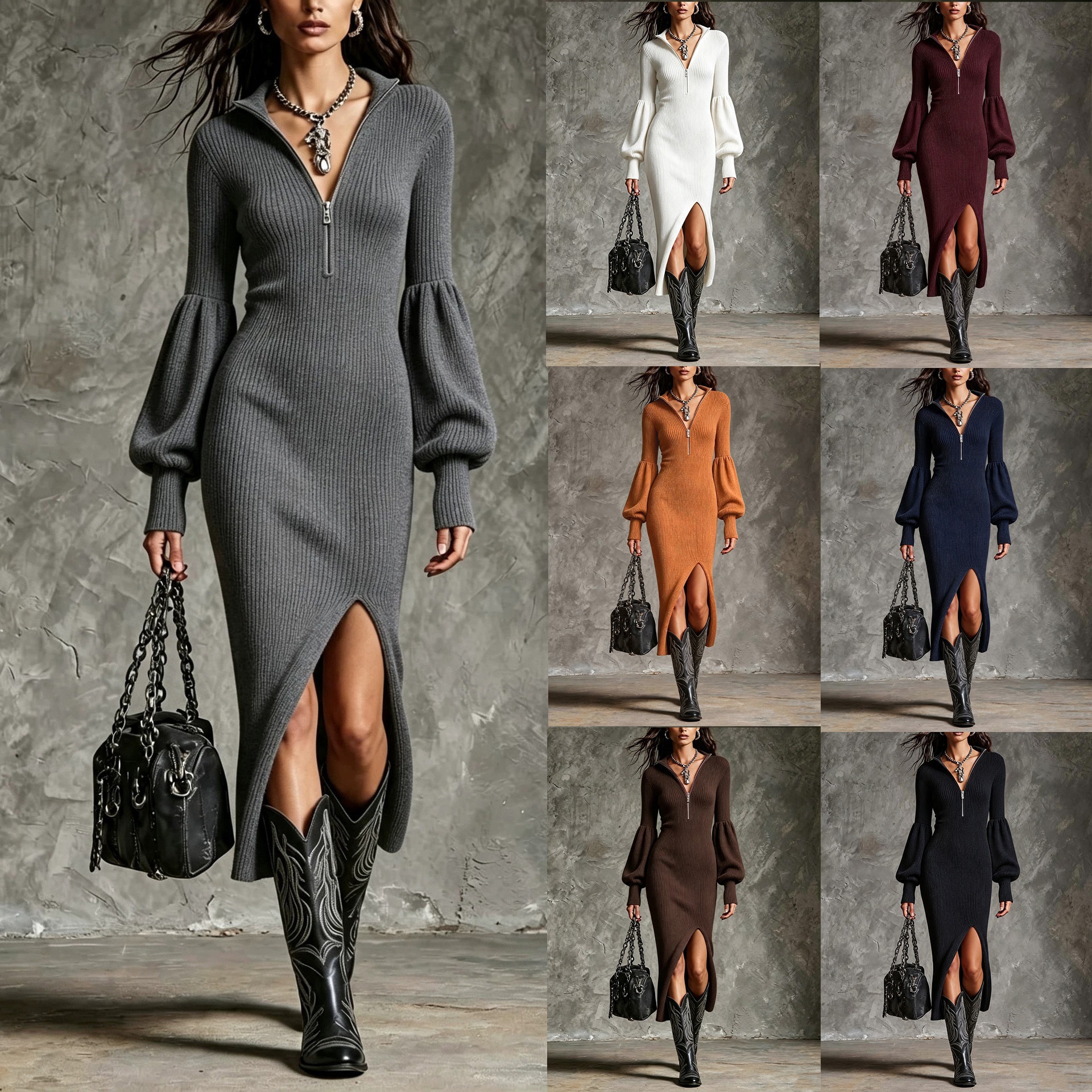 Women's Zip-Up Ribbed Knit Dress with Stand Collar and Lantern Sleeves