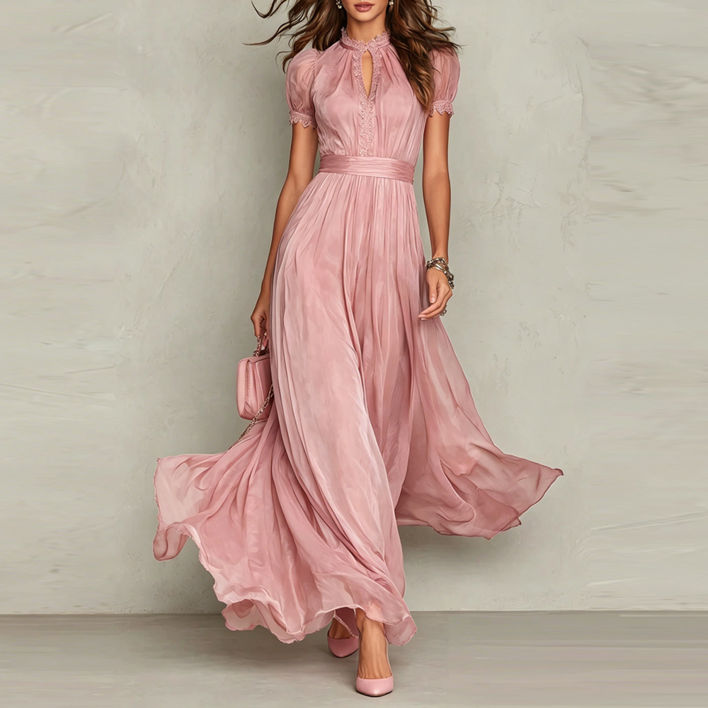 V-Neck Waist-Cinched Ruffle Flowy Midi Dress