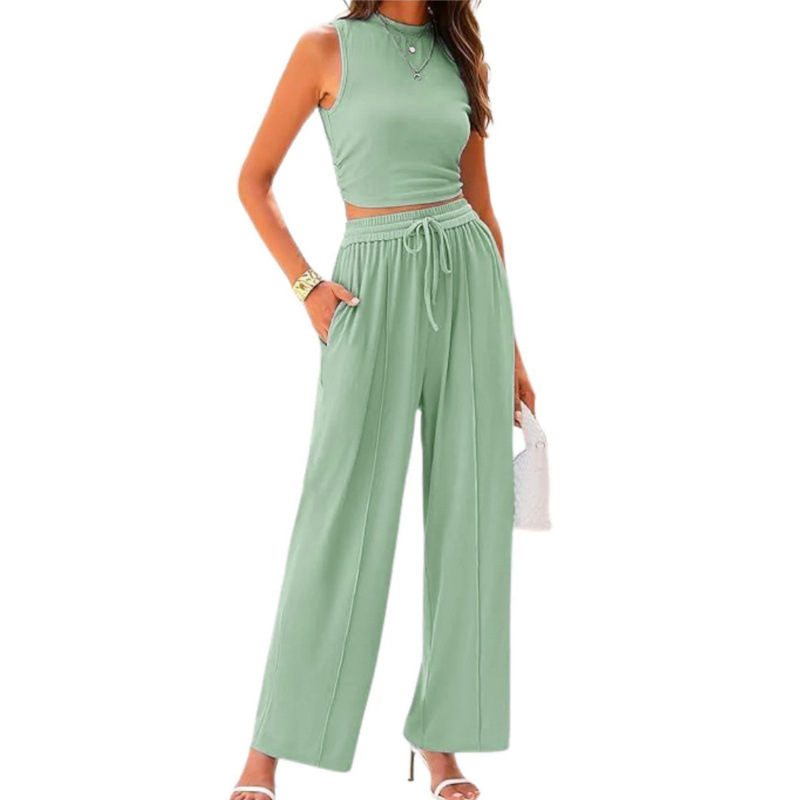 Women's Sleeveless Crop Top and Wide-Leg Pants Two-Piece Set