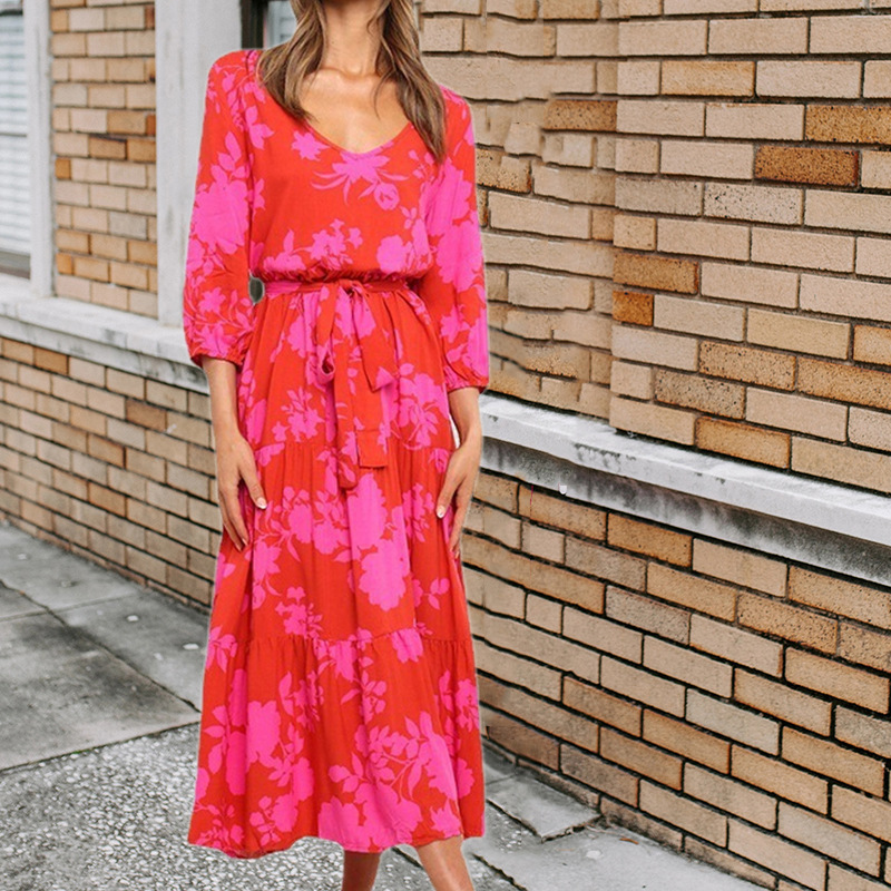 V-Neck Floral Print A-Line Maxi Dress