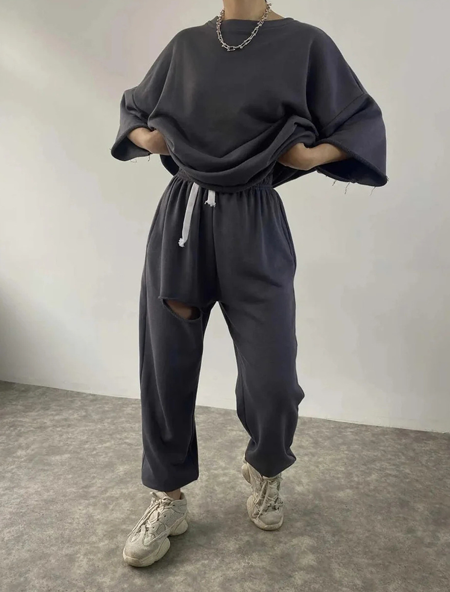 Women's Long Sleeve Crewneck Solid Top & Distressed Tie Pants Two-Piece Set