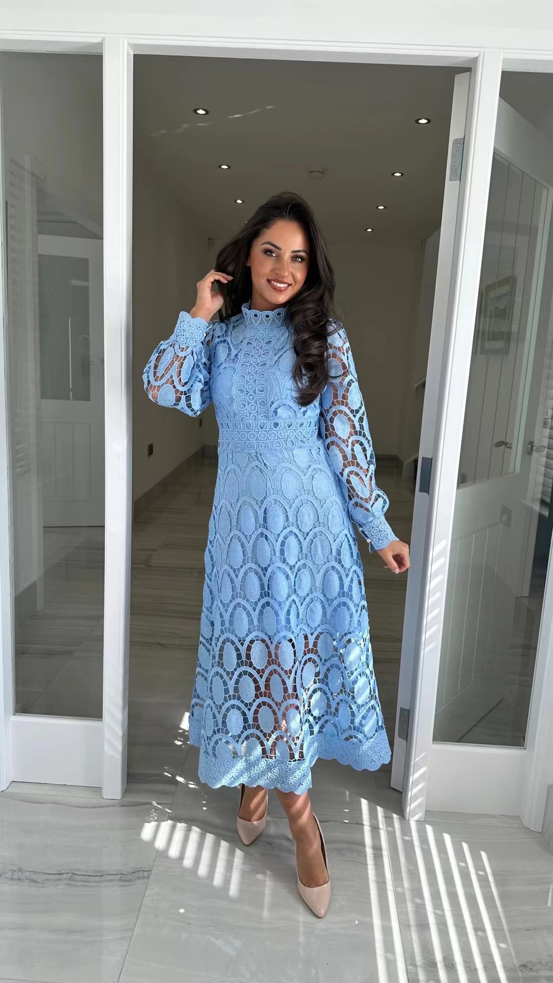 Sexy Cutout Long Sleeve Stand Collar Lace Trim Maxi Dress