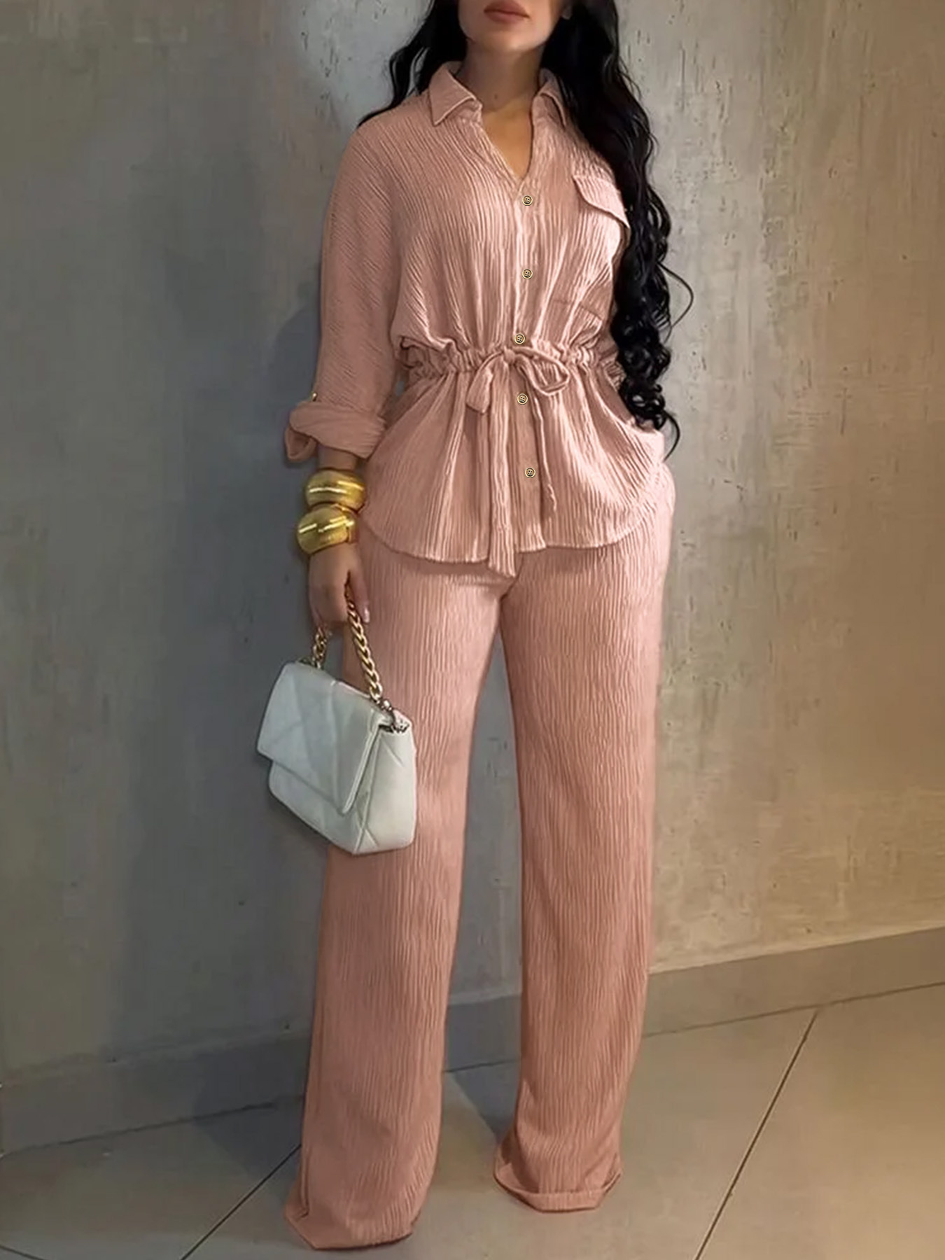 Women's Ruched Waist Shirt and Wide-Leg Pants Set
