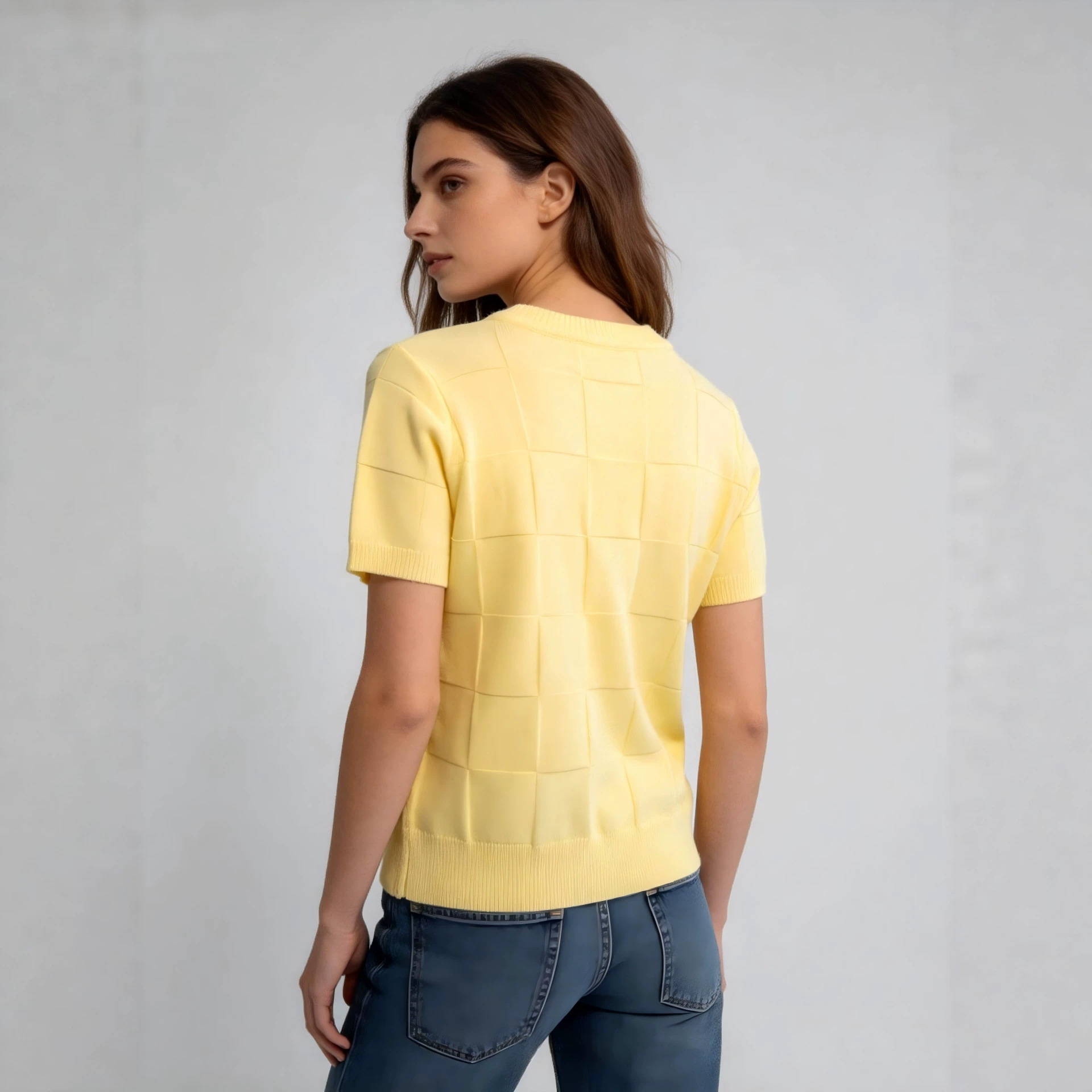 Solid Crewneck Knit Short-Sleeve Top with 3D Block Design