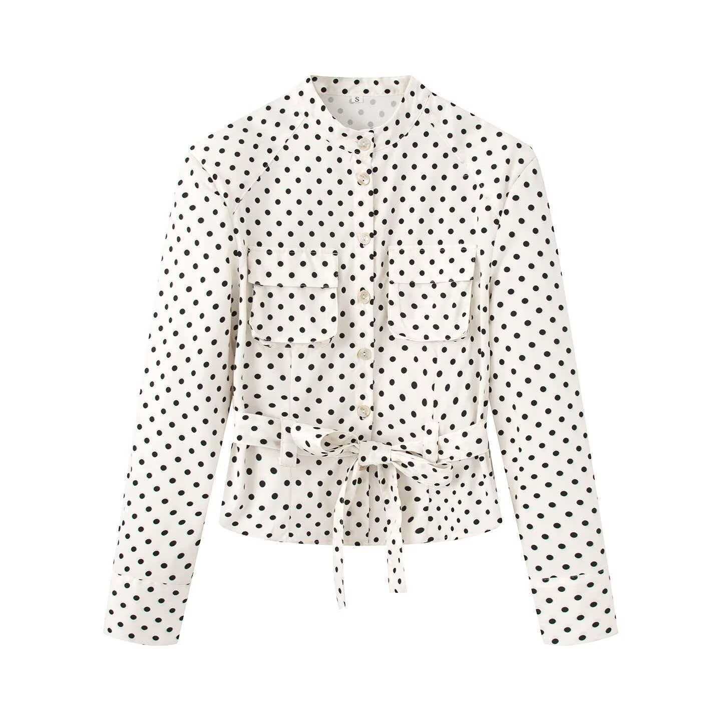 Women's Polka Dot Stand Collar Shirt and Pants Set
