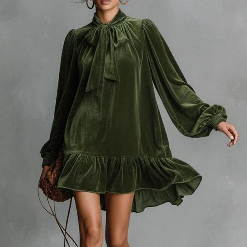Velvet Long Sleeve Bow-Tie Irregular Solid Dress