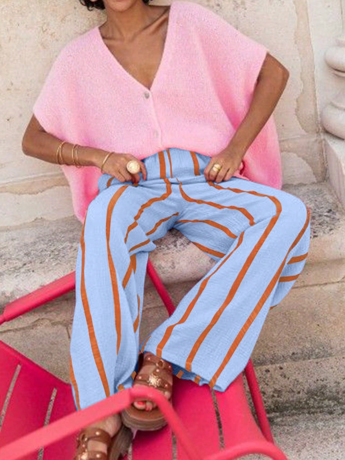Women's Striped Print Wide-Leg Pants with Side Pockets Casual Comfortable