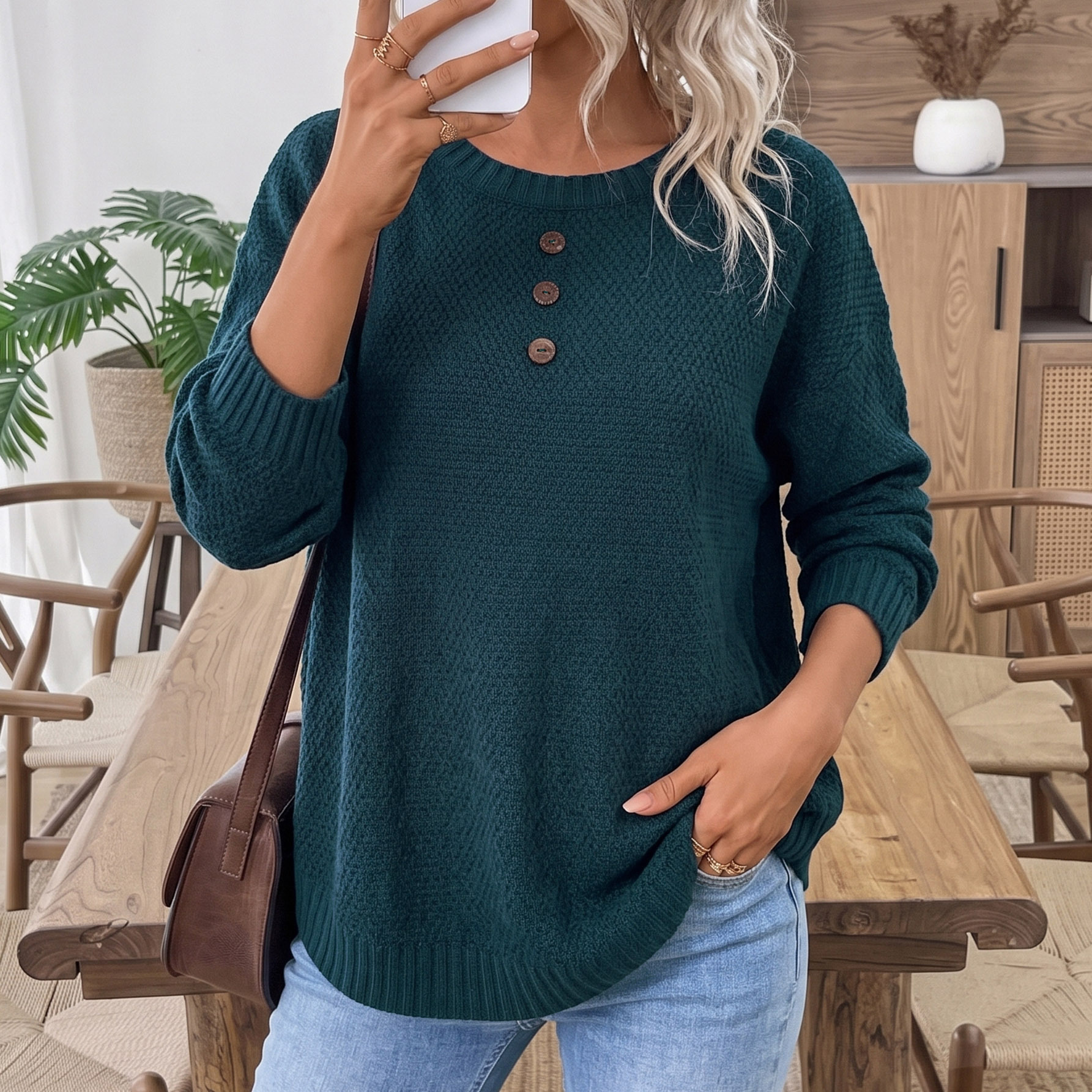 Women's Coconut Button Knit Sweater Retro Loose Crewneck Pullover