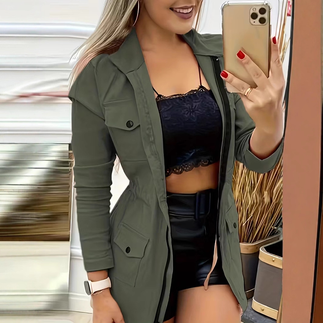 Women's Utility Trench Coat with Lapel Collar, Waist-Cinching, Multi-Pocket, Casual Jacket