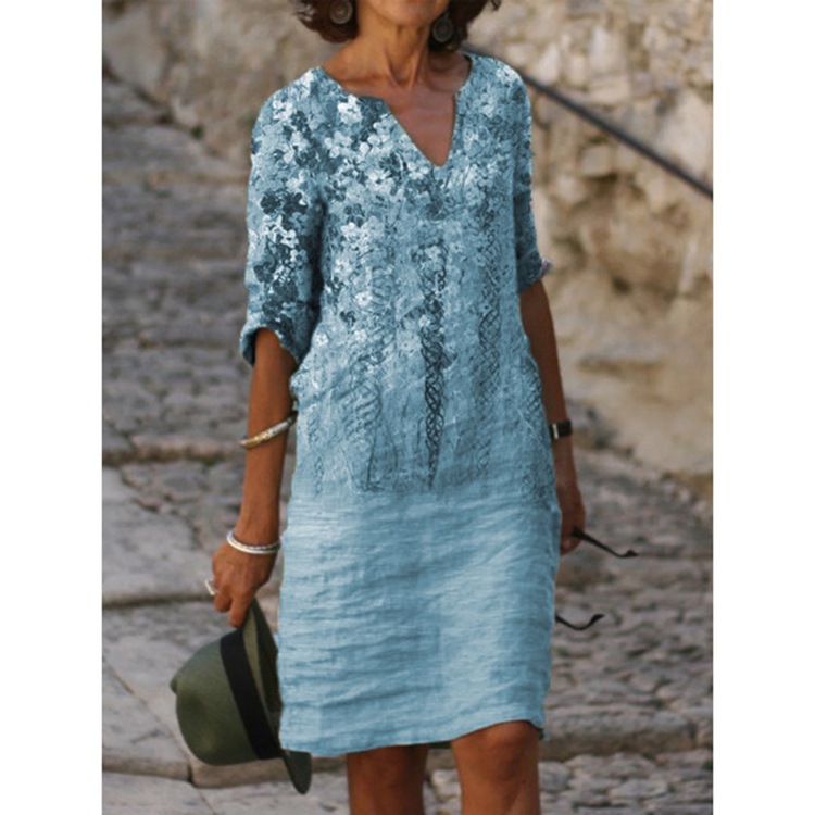 Women's Summer Floral V-Neck A-Line Midi Dress Short Sleeve Casual