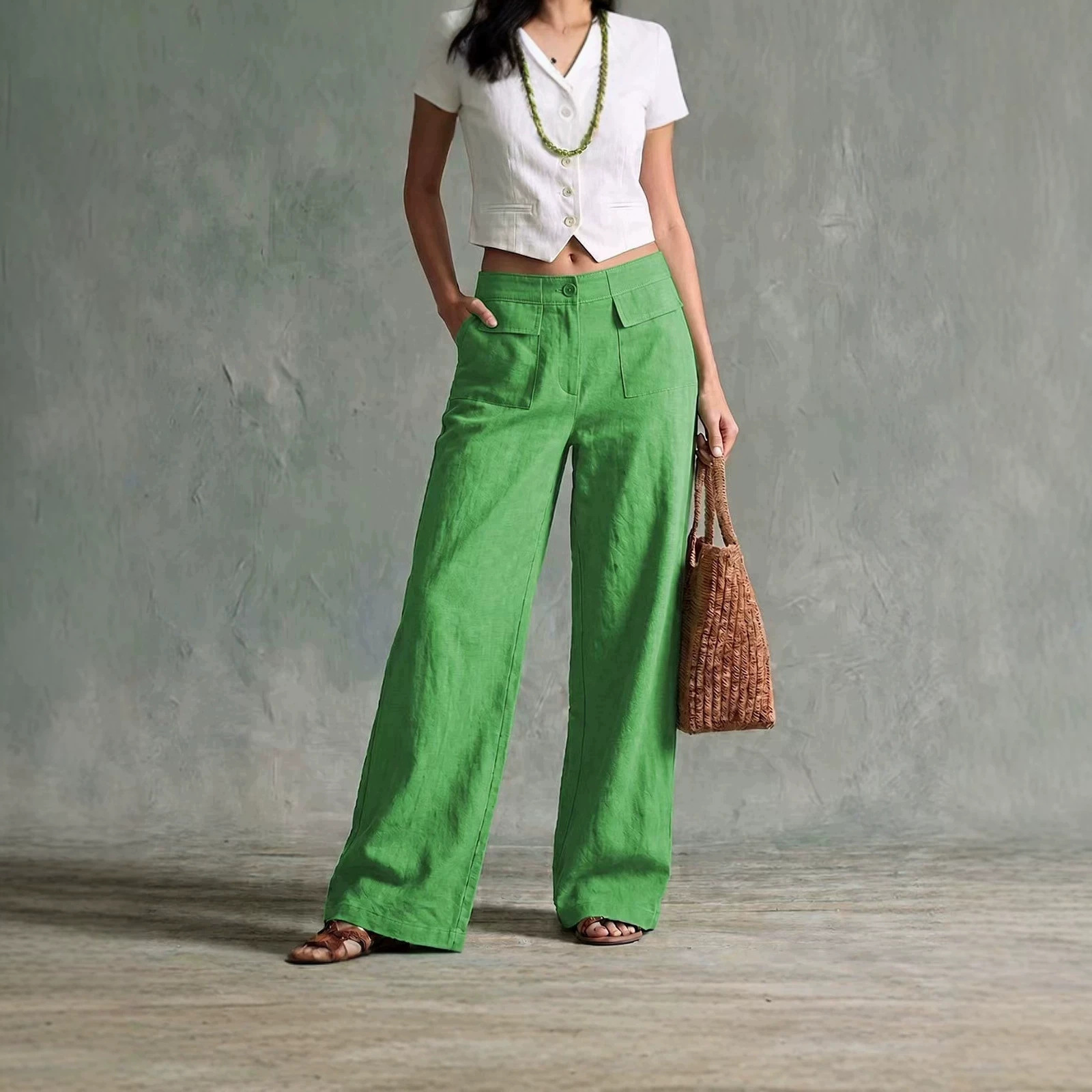 Women's Solid Cotton-Linen Wide-Leg Casual Pants