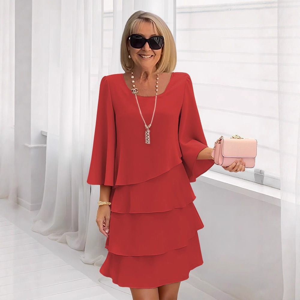 Women's Tiered Cake Dress Round Neck Loose Fit Midi Dress