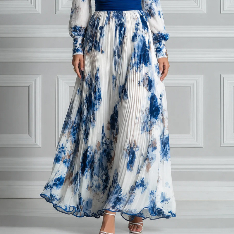 Women's Long Sleeve Floral Print V-Neck Midi Dress