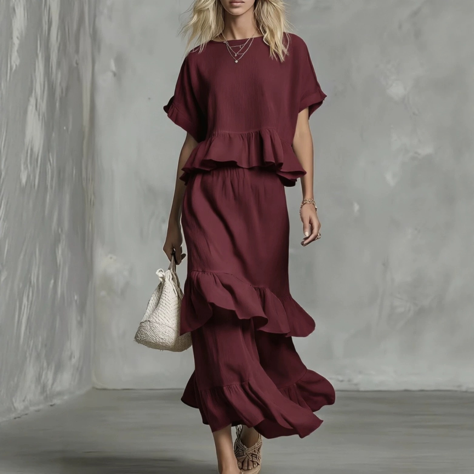 2026 Summer Cross-Border European & American Women's Wear Hot-Selling Ruffle Two-Piece Set Independent Site High-Waist Ruffle Long Skirt