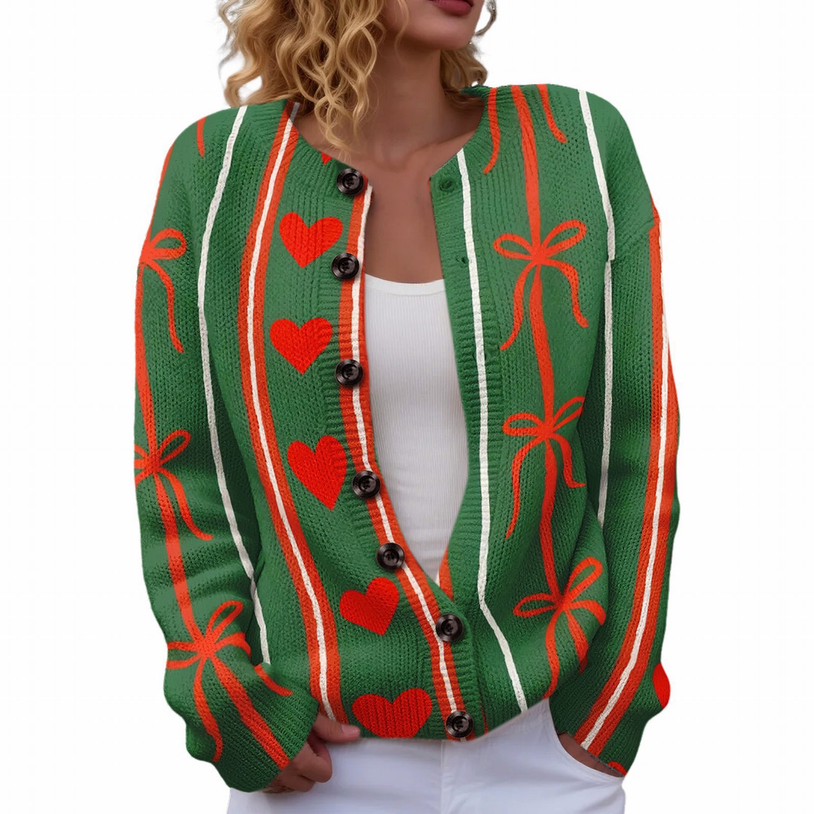 Women's Heart Ribbon Bow Cherry Print Cardigan