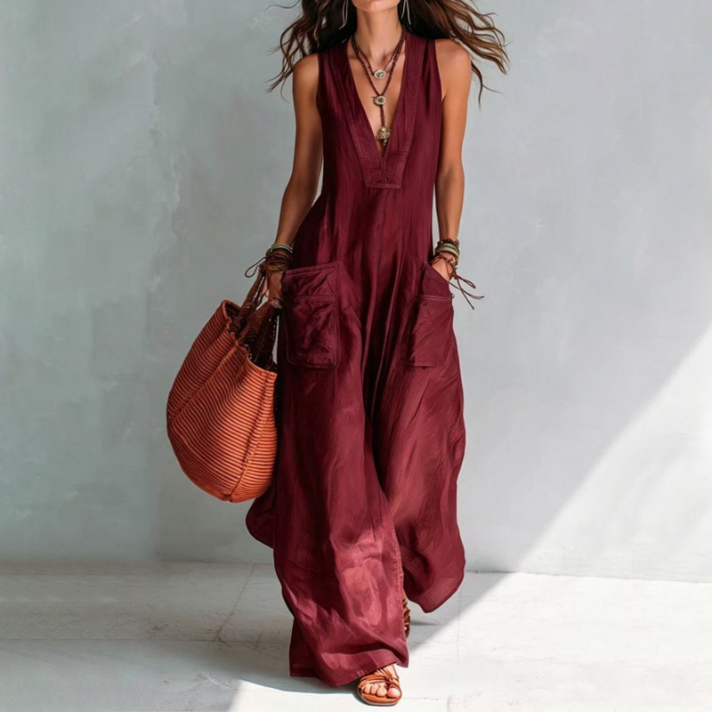 Women's Solid V-Neck Loose Wide-Leg Jumpsuit with Pockets