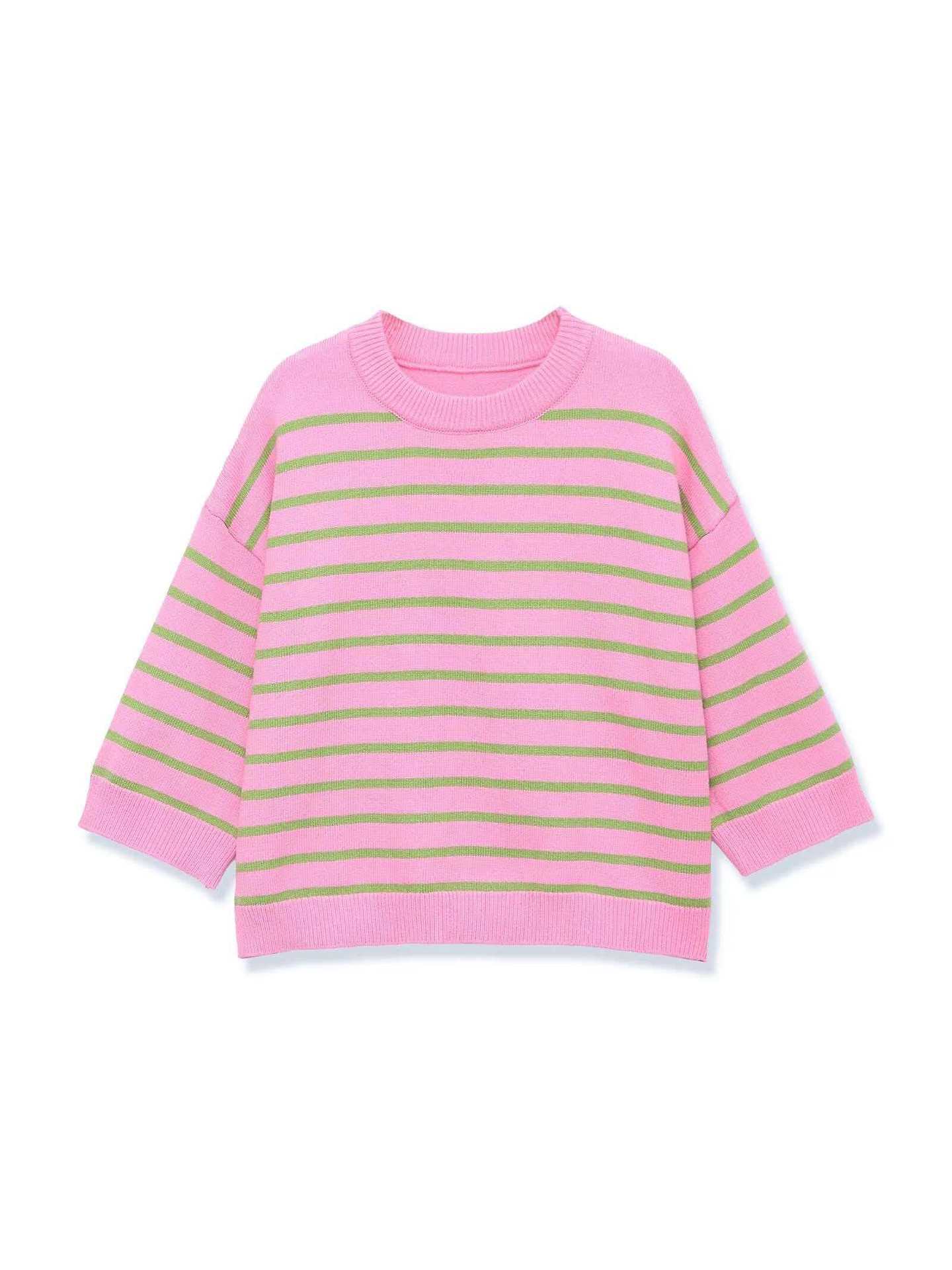 Women's Striped Knit Top Crew Neck 3/4 Sleeve Minimalist