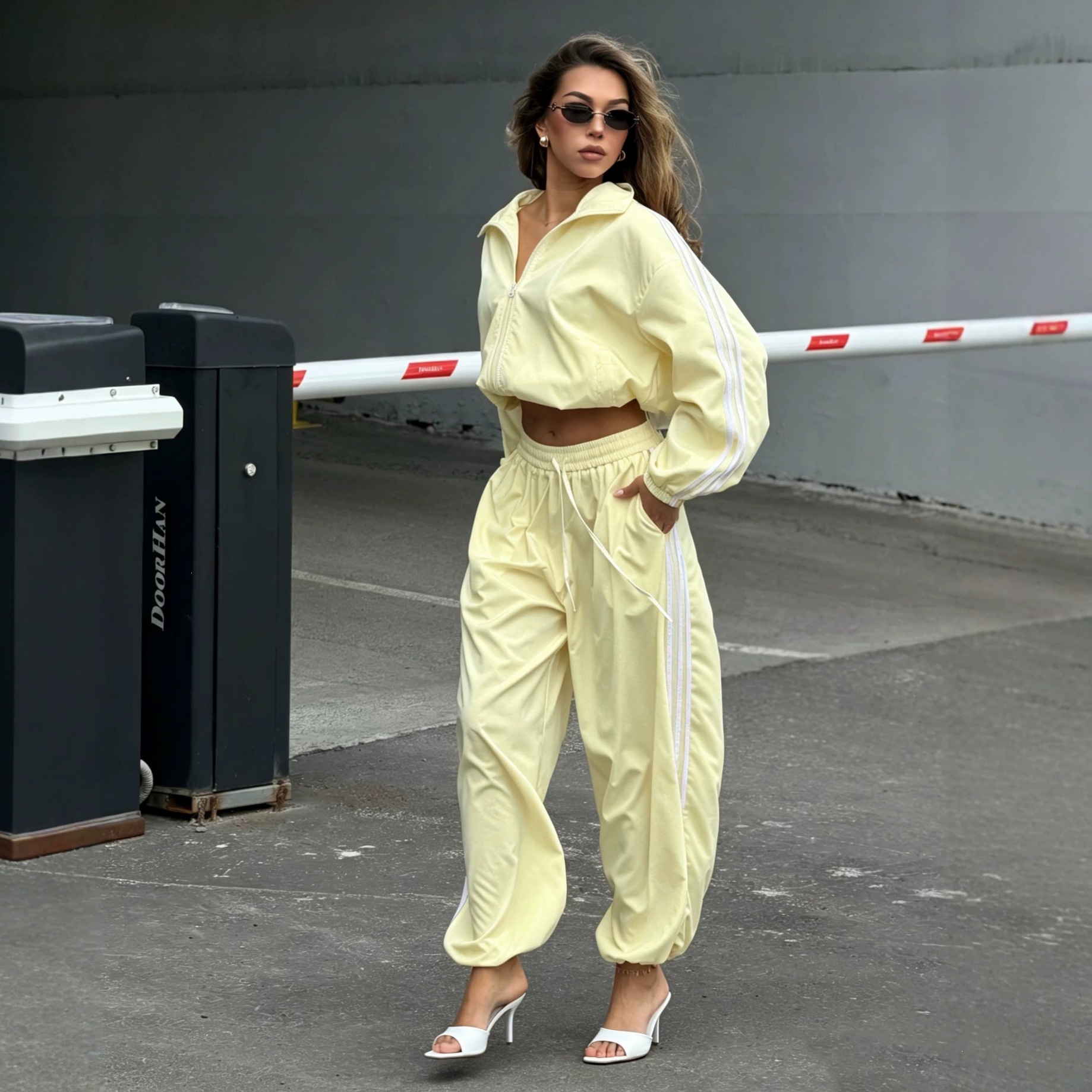 Retro Three-Stripe Zip-Up Tracksuit with Drawstring Pants