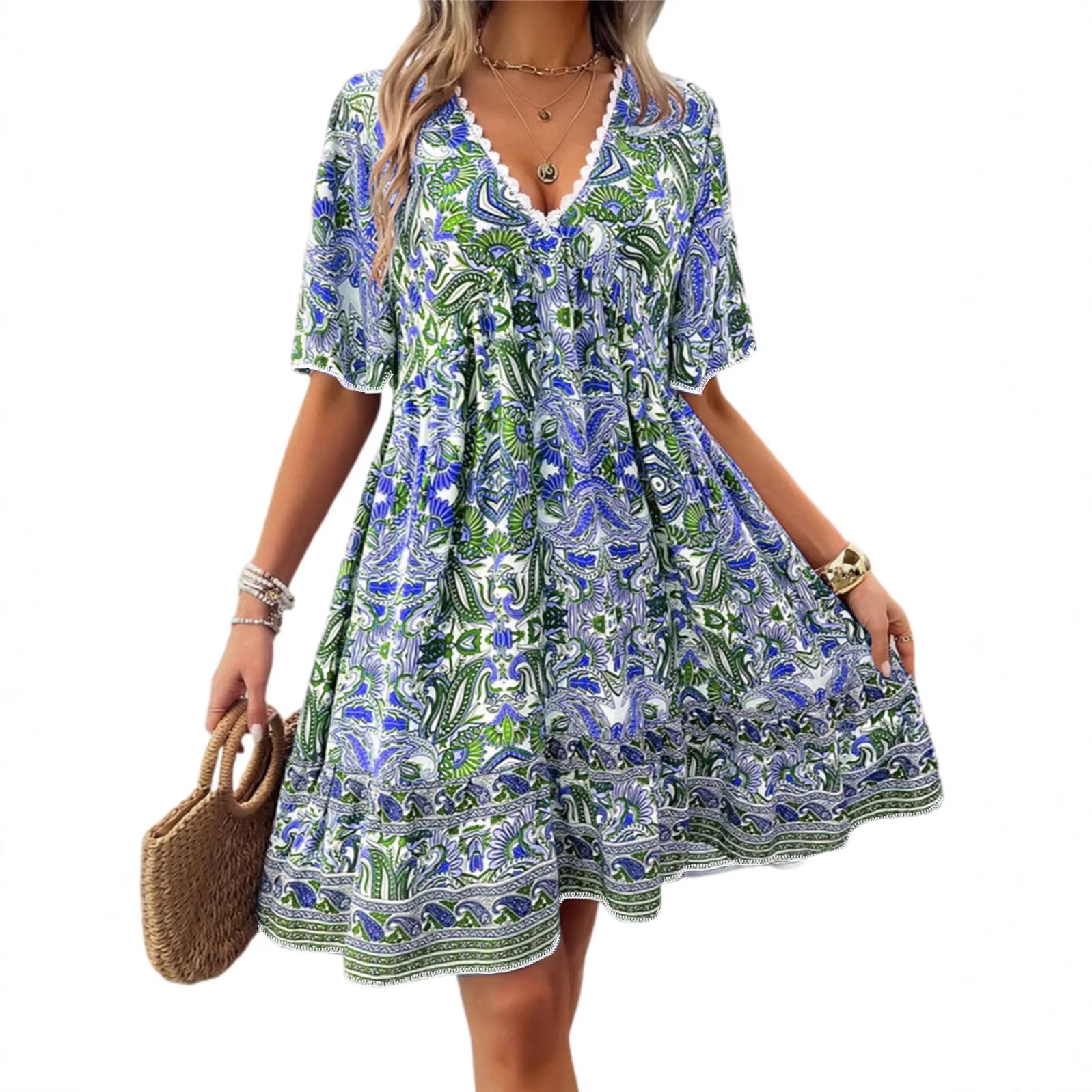 Floral Print Short Sleeve V-Neck Midi Dress with Lace Trim
