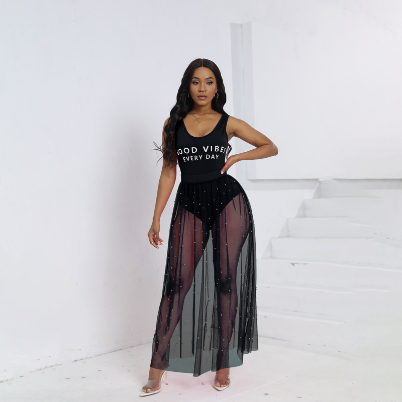 Sexy Sheer Mesh Two-Piece Bodysuit and Maxi Skirt Set with Hand-Beaded Details