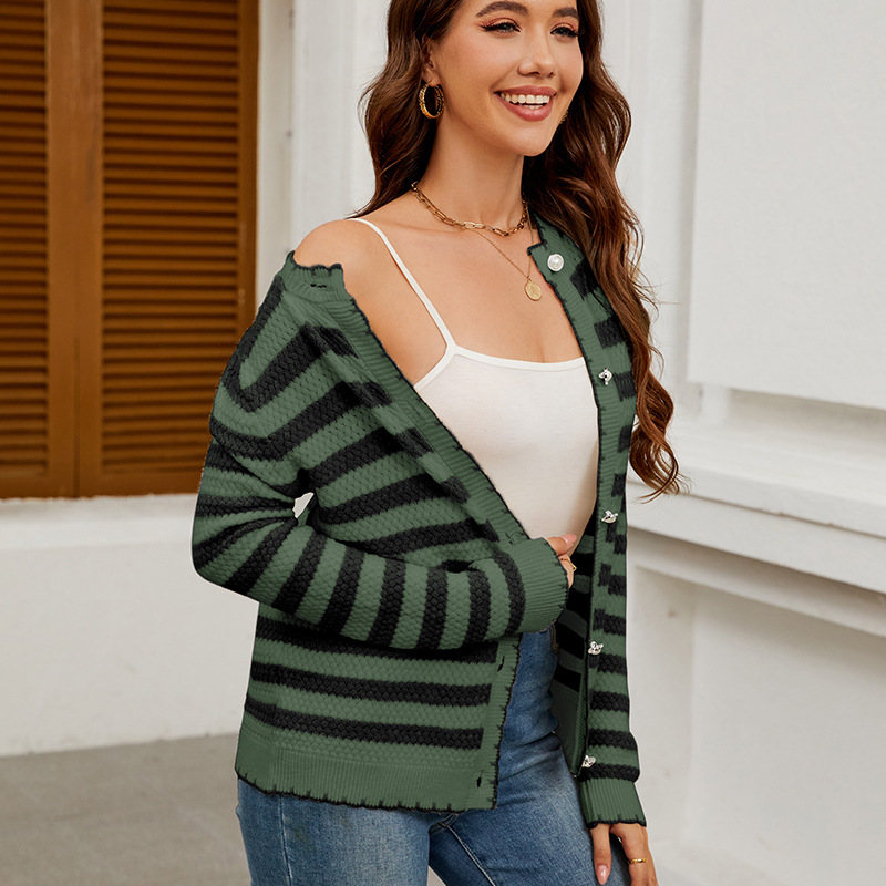Women's Striped Button-Up Knit Cardigan Sweater
