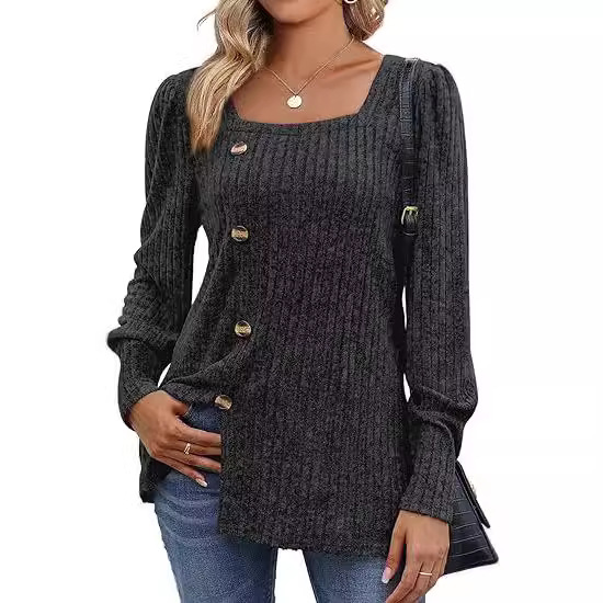 Ribbed Square Neck Puff Sleeve Split Sweater