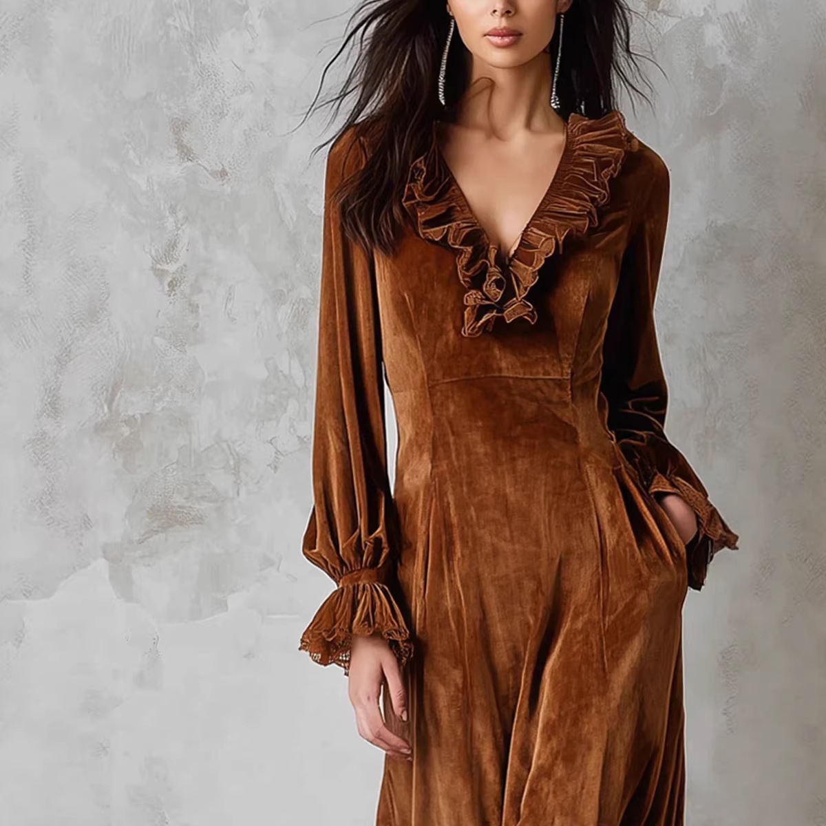 Women's Long French Lace Panel Lantern Sleeve Ruffle V-Neck Velvet Dress