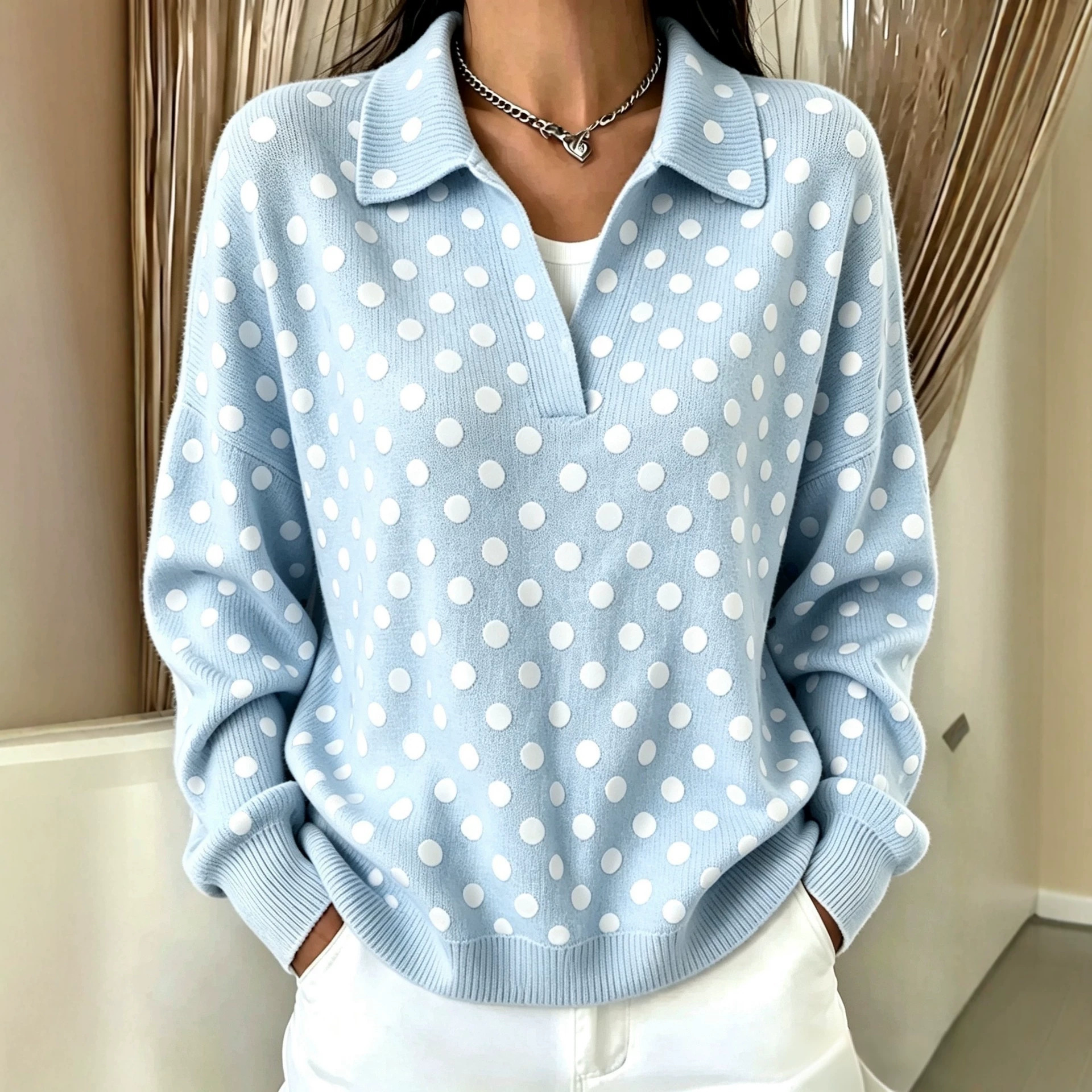 Women's Retro Polka Dot Print Button-Up Collared Sweatshirt
