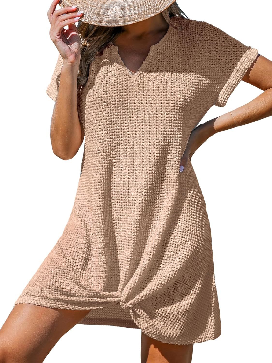 V-Neck Twist Cover-Up Dress Short Sleeve A-Line Beach Dress