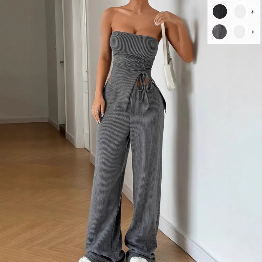 Women's Sexy Strapless Two-Piece Ribbed Set with Slit Top and Straight-Leg Pants