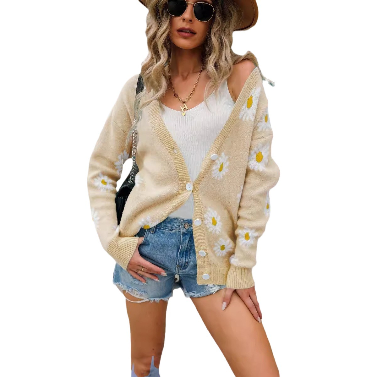 Daisy Print Knit Cardigan Sweater