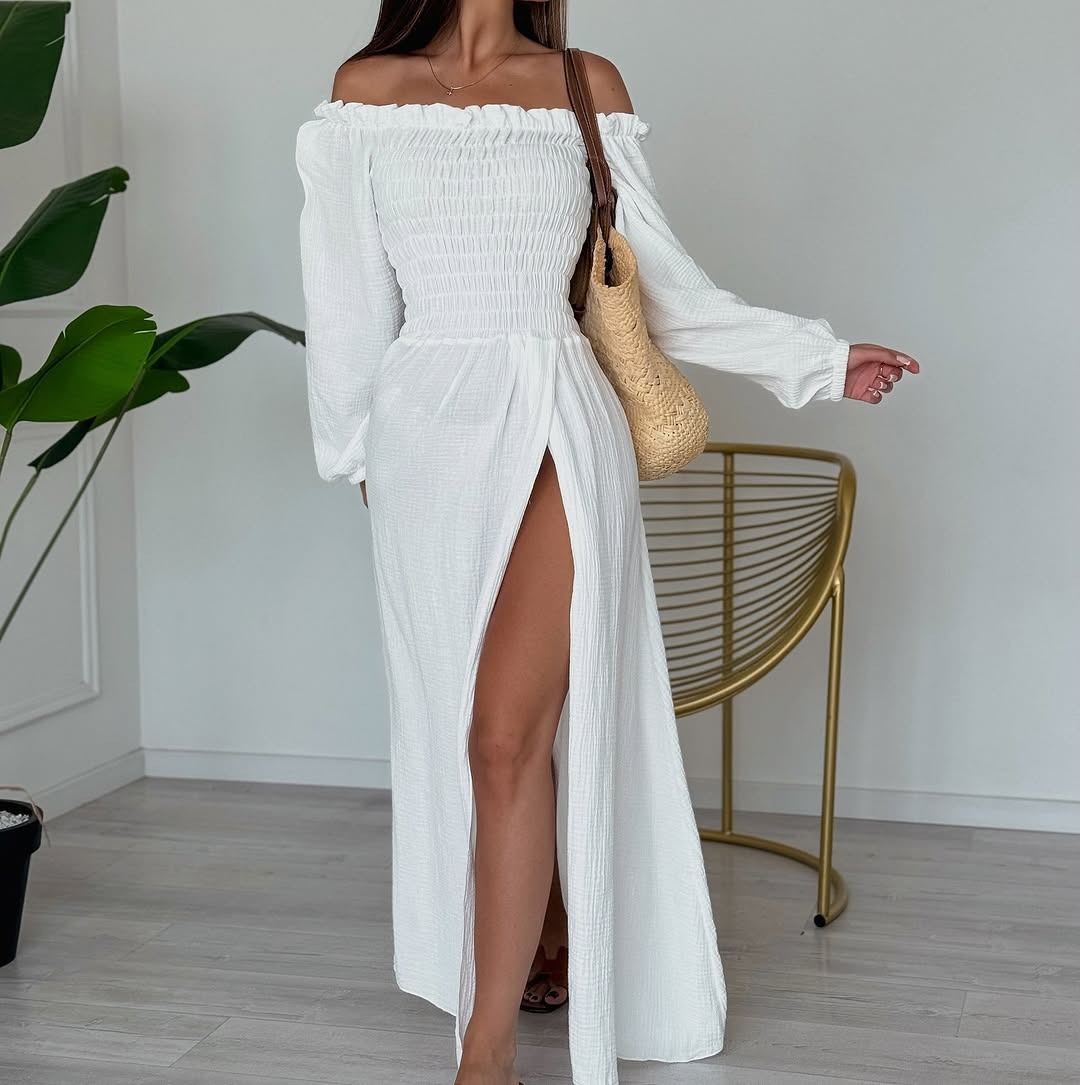 Off-Shoulder Ruched Long-Sleeve Dress with Waist-Cinching Slimming Fit